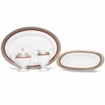 Noritake Ruby Coronet 5 Piece Completer Set (This set contains 1 Oval Platter, 14″, 1 Oval Vegetable, 1 Sugar Bowl w/cover and 1 Creamer)