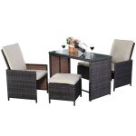 5 pcs Brown Patio Cushioned Rattan Dining Table Chair Set