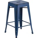 Backless Distressed Blue Square Seat 24 Inch Counter Stool