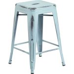 Backless Distressed Dream Blue Square Seat 24 Inch Counter Stool