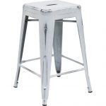 Backless Distressed White Square Seat 24 Inch Counter Stool