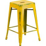 Backless Distressed Yellow Square Seat 24 Inch Counter Stool