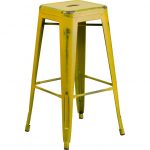 Backless Distressed Yellow Square Seat 30 Inch Bartool