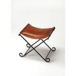 Brown Leather Stool with Iron Base