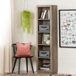 Five-Shelf Weathered Oak Narrow Bookcase with 2 Baskets – Kanji