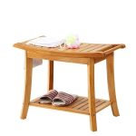 Natural Bamboo Shower Bench Seat / Shaving Stool with Storage Shelf
