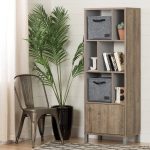 Weathered Oak Bookcase with Door and Two Baskets – Expoz