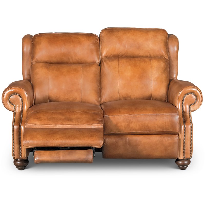 Whiskey Light Brown Leather Power, Brown Leather Reclining Loveseat