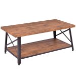 Rectangular Metal Frame Wood Coffee Table with Storage Shelf