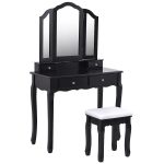 Tri Folding Mirror Vanity Table Stool Set with 4 Drawers