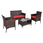 4 pcs Outdoor Patio Rattan Table w/ Shelf and Sofa Set