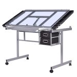 Adjustable Rolling Drawing Desk Drafting with Table Tempered Glass Top