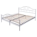 White Steel Bed Frame with Wood Slats and Arched Headboard