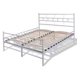 White Steel Bed Frame with Wood Slats and Grid Headboard