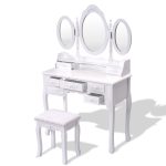 Black / White Vanity Makeup Dressing Table w/ Tri Folding Mirror + 7 Drawers