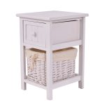 Wooden 2-Layer Bedside End Table Nightstand with Basket + Drawer