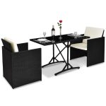 3 pcs Black Patio Rattan Table Chairs Set with Cushions