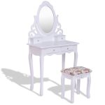 Mirrored Wood Vanity Table Stool Set w/ 4 Drawers & Rose Cushion
