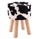 Cow Pattern Faux Fur Round Stool with 4 Wooden Legs