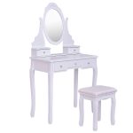 Mirrored Jewelry Wooden Vanity Table Set w/ 5 Drawers